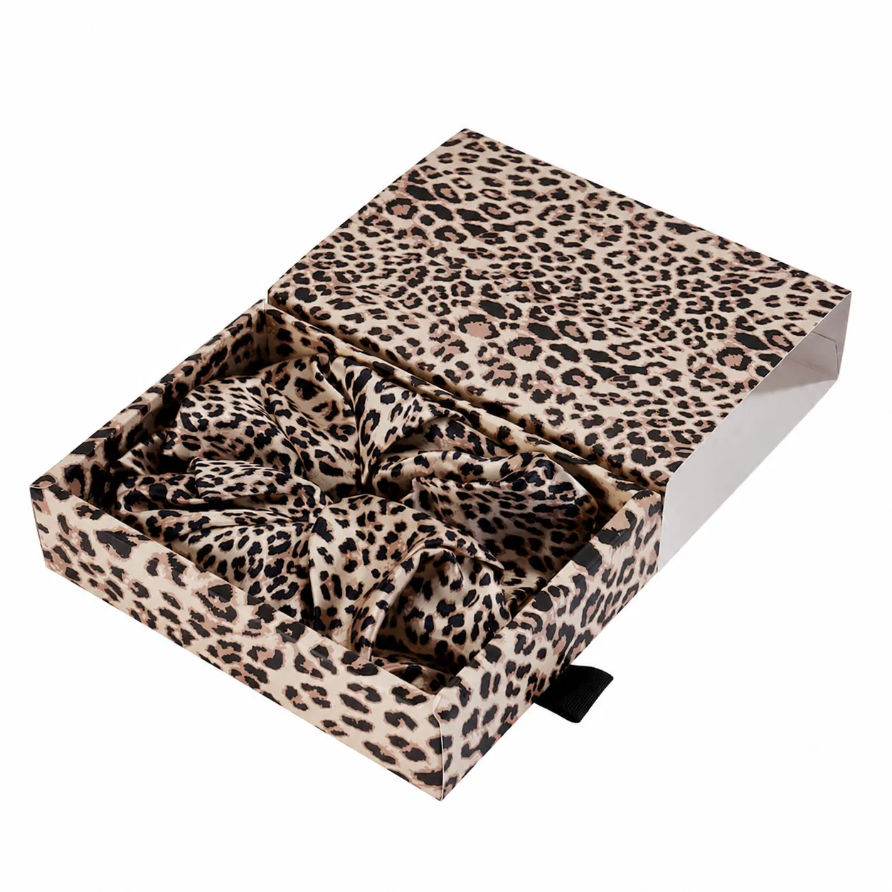 Custom leopard print silk scrunchies in matching drawer gift box for private label hair accessory and gift set brands