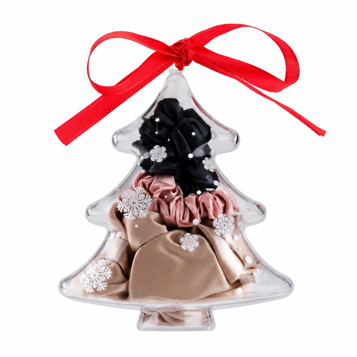 Custom silk scrunchie gift set in clear Christmas tree packaging with red ribbon for private label hair accessory brands