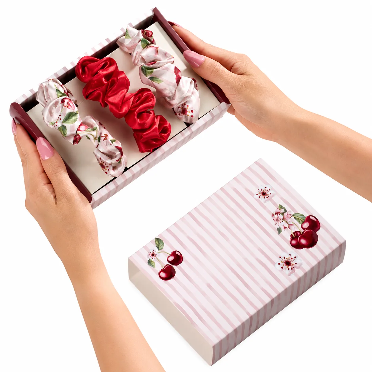 Custom silk scrunchie gift box with coordinated cherry print packaging for private label hair accessory and gift set brands