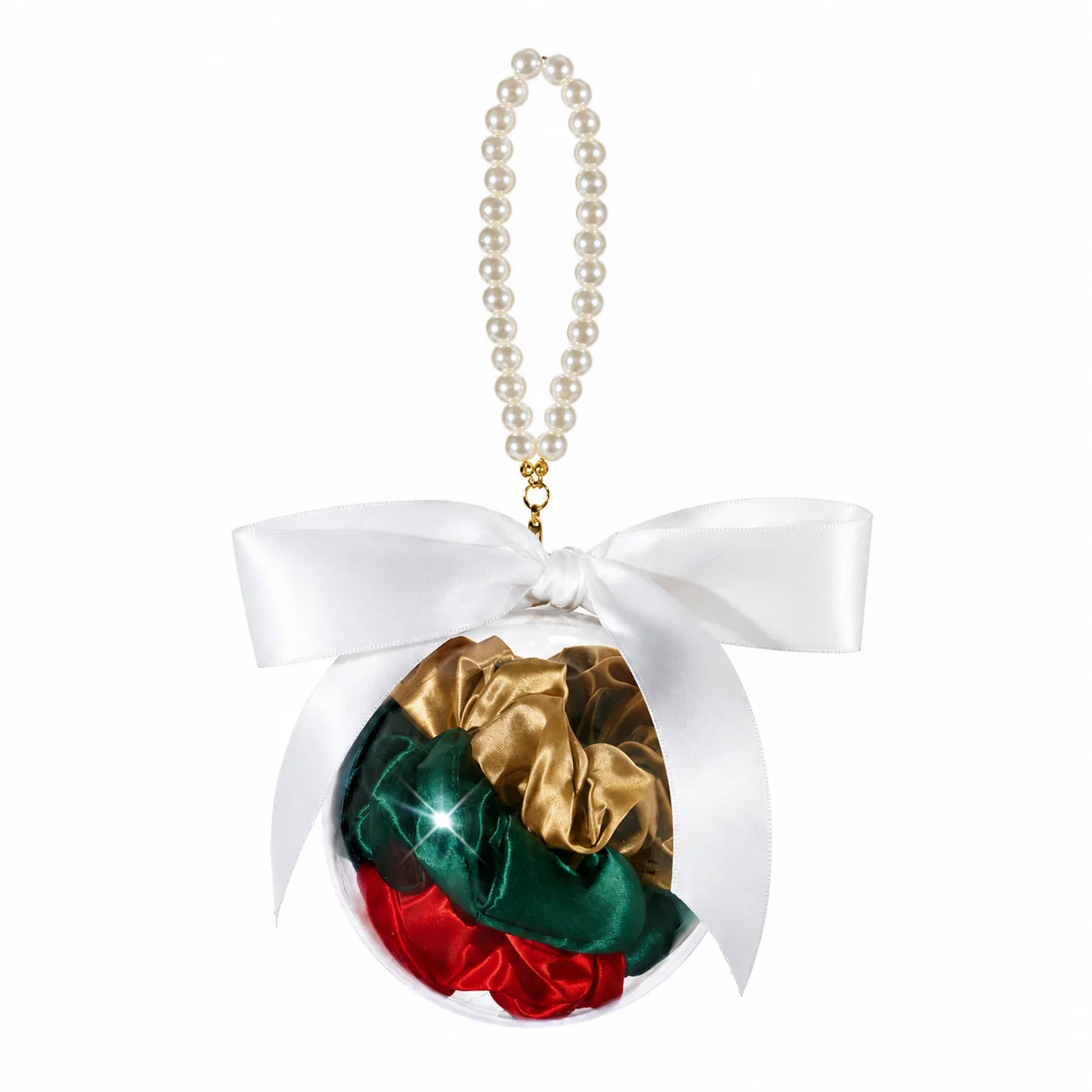 Custom silk scrunchies in ornament-style gift packaging with ribbon and pearl loop for private label hair accessory brands