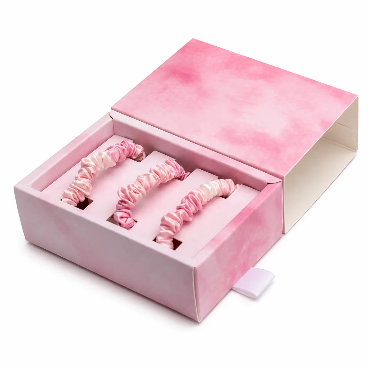 Pink custom silk scrunchie gift set in drawer box packaging for private label hair accessory brands