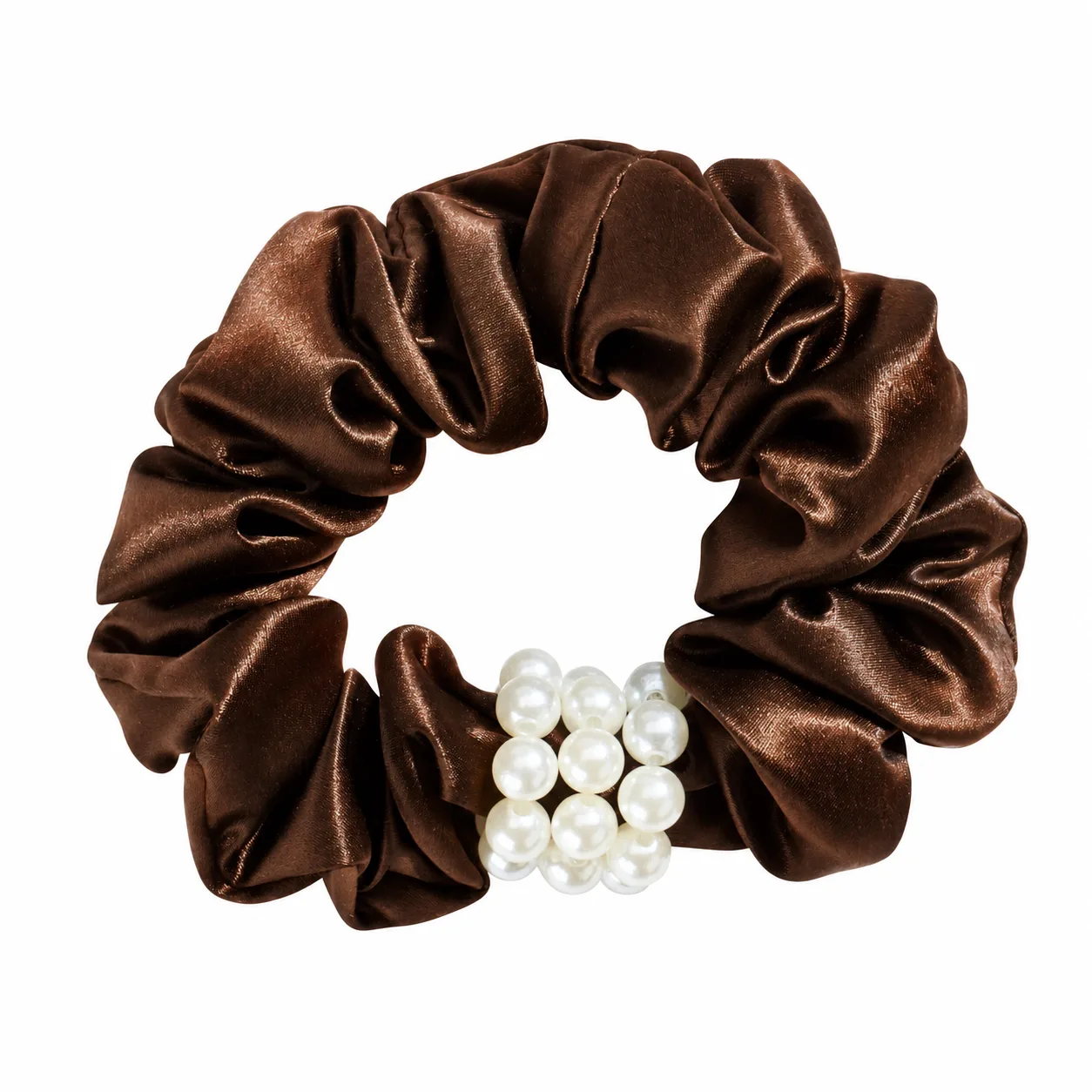 Oversized 22 momme mulberry silk scrunchie with double-row pearl cluster accent shown in multiple brand-ready colors for private label programs