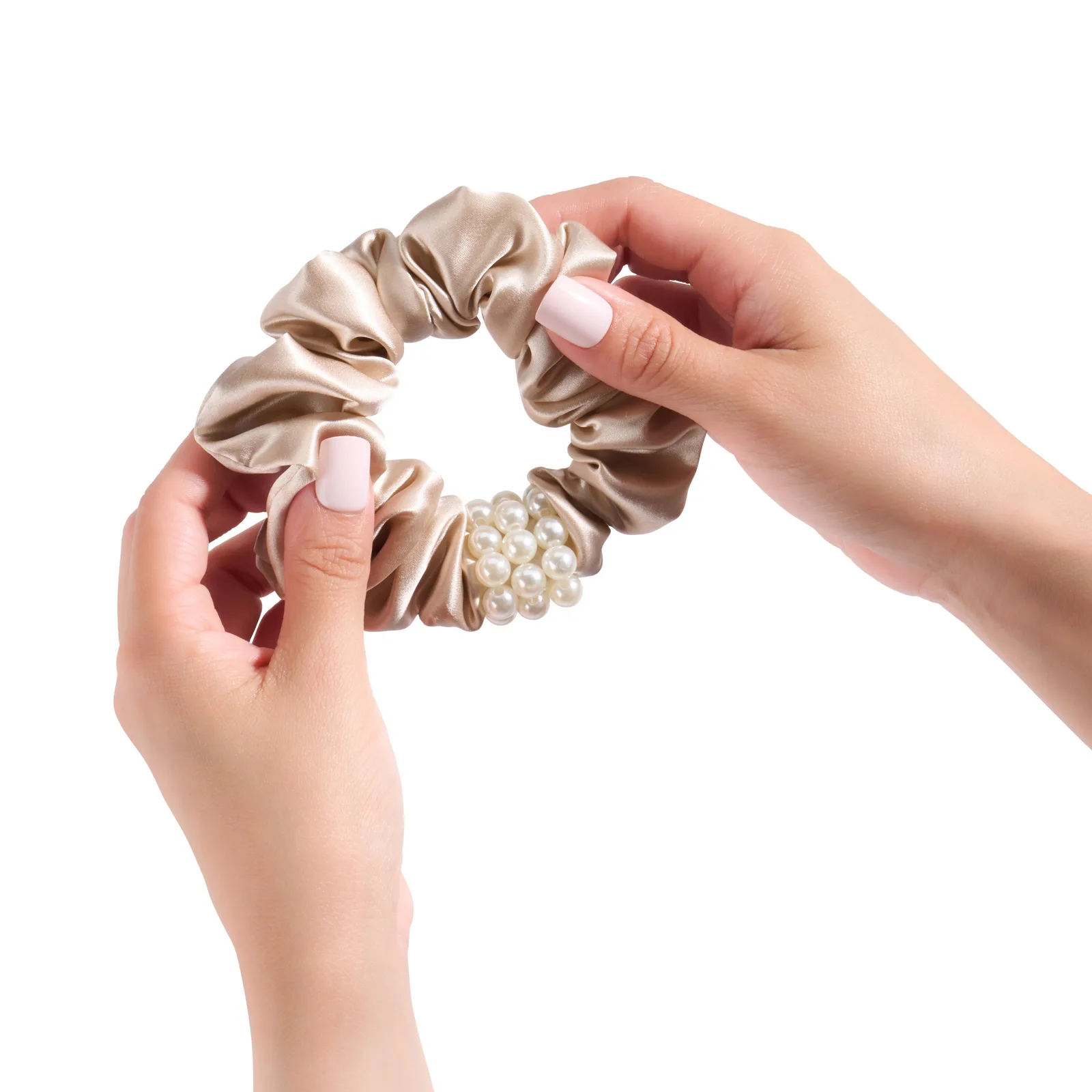Detail view of petite pearl accent silk scrunchie with gathered tube construction and elastic band fit for private label hair accessory projects