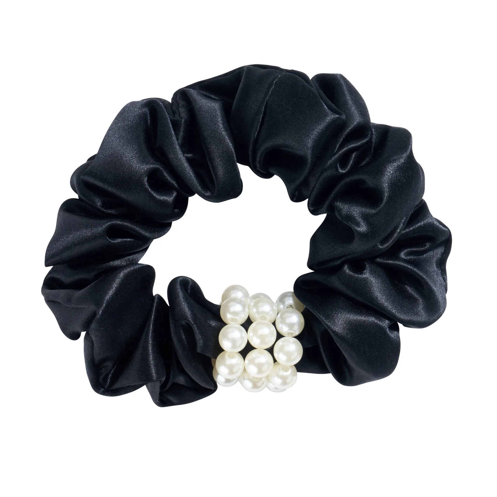 Detail view of petite pearl-accent silk scrunchie with gathered ring construction, covered elastic band, and soft folded edges for comfortable private