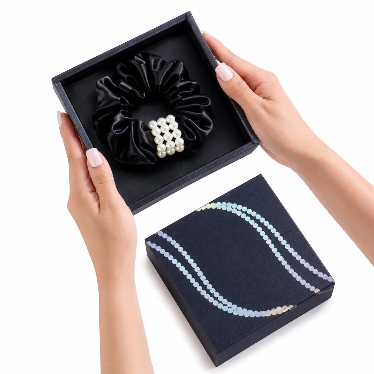 Gift-ready black presentation box for private label silk scrunchies, suitable for retail display, beauty gift sets, and branded SKU packaging