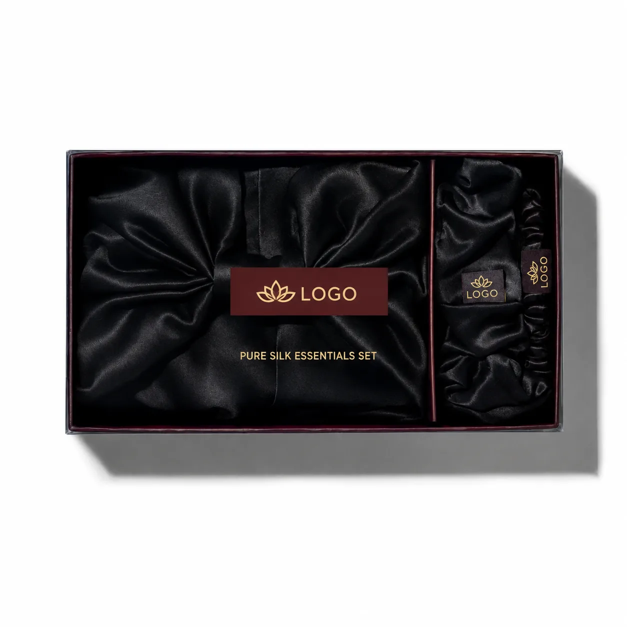 Private label silk gift set packaging in a compartment gift box with branded insert card for retail, spa, and holiday presentation programs