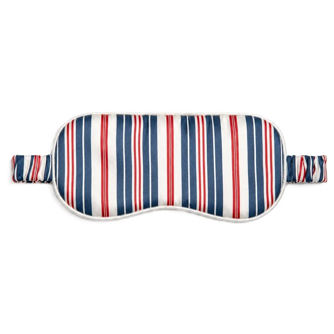 Contoured private label sleep eye mask with padded body, piped edge seams, and fabric-covered elastic strap for comfortable fit