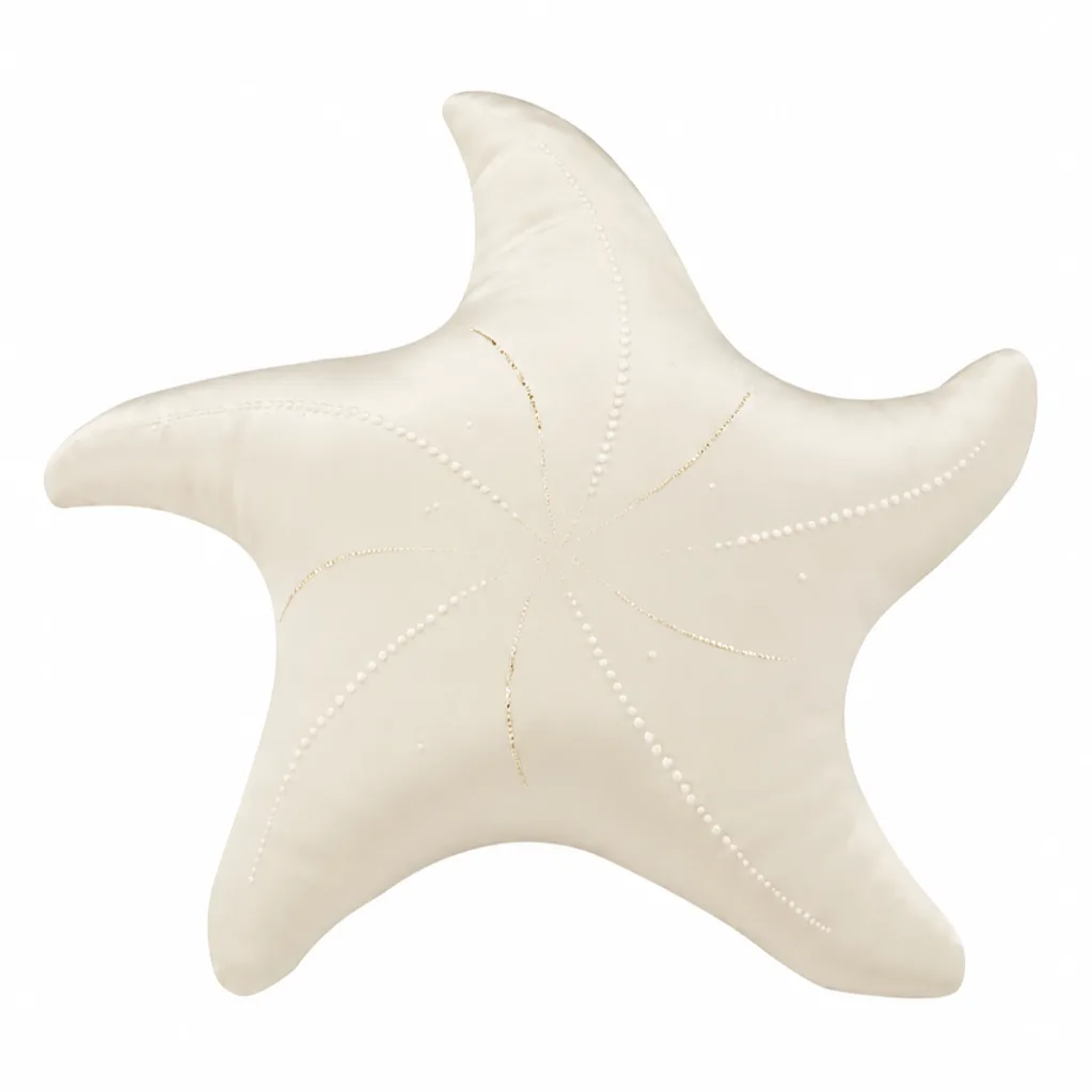 Ivory starfish-shaped 22 momme mulberry silk decorative pillow with pearl and crystal rhinestone embellishment lines for private label brand programs