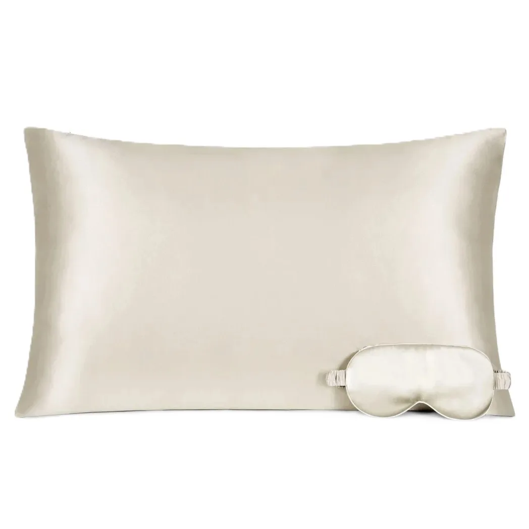 Ivory silk pillowcase with hidden zipper and matching double-sided silk sleep mask, shown as a coordinated private label gift set