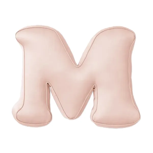 Custom mulberry silk alphabet letter cushions in blush pink, powder blue, silver grey, and lavender for private label kids and gift brand programs