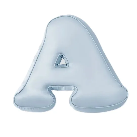 A-shaped padded alphabet cushion with rounded sewn edges, piped perimeter, and soft structured fill for custom kids private label product lines