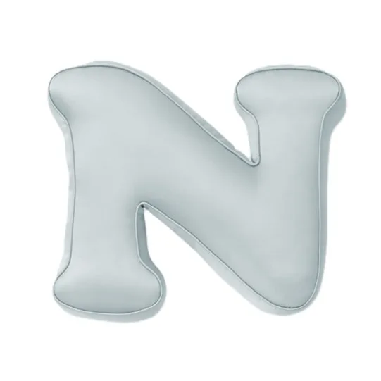 Letter N shaped kids cushion style with padded construction and rounded piped edge seams for private label product development