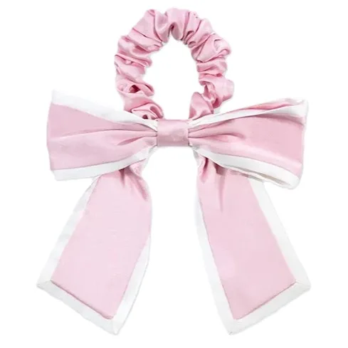 Soft pink and white contrast border silk bow scrunchie color variant for private label palette matching and seasonal color testing