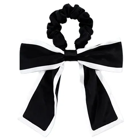 Black and white contrast bow silk scrunchie colorway for private label brands planning seasonal palettes and low-stock color testing