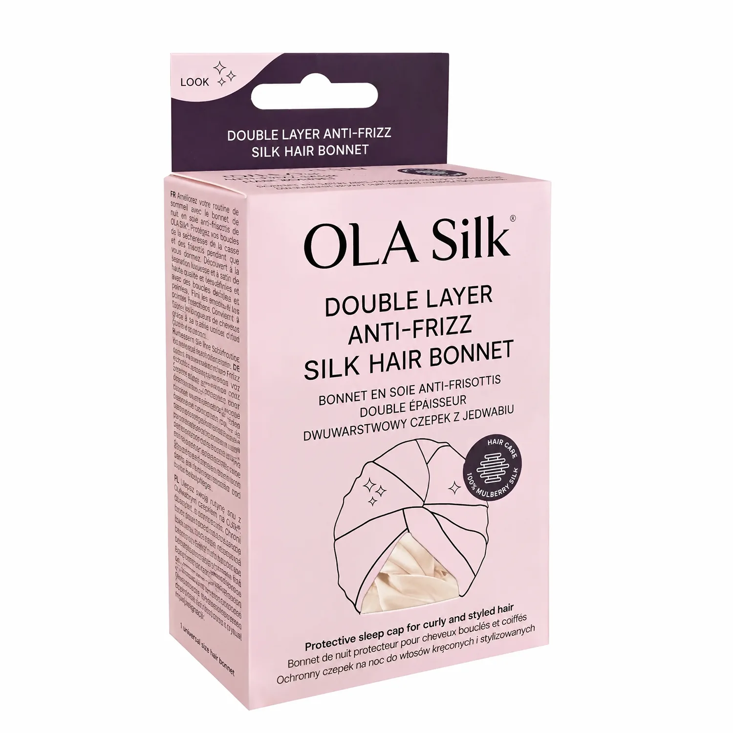 Emballage en boîte carton prêt pour la vente au détail pour bonnets de nuit en soie personnalisés en private label, avec marquage imprimé et espace SKU