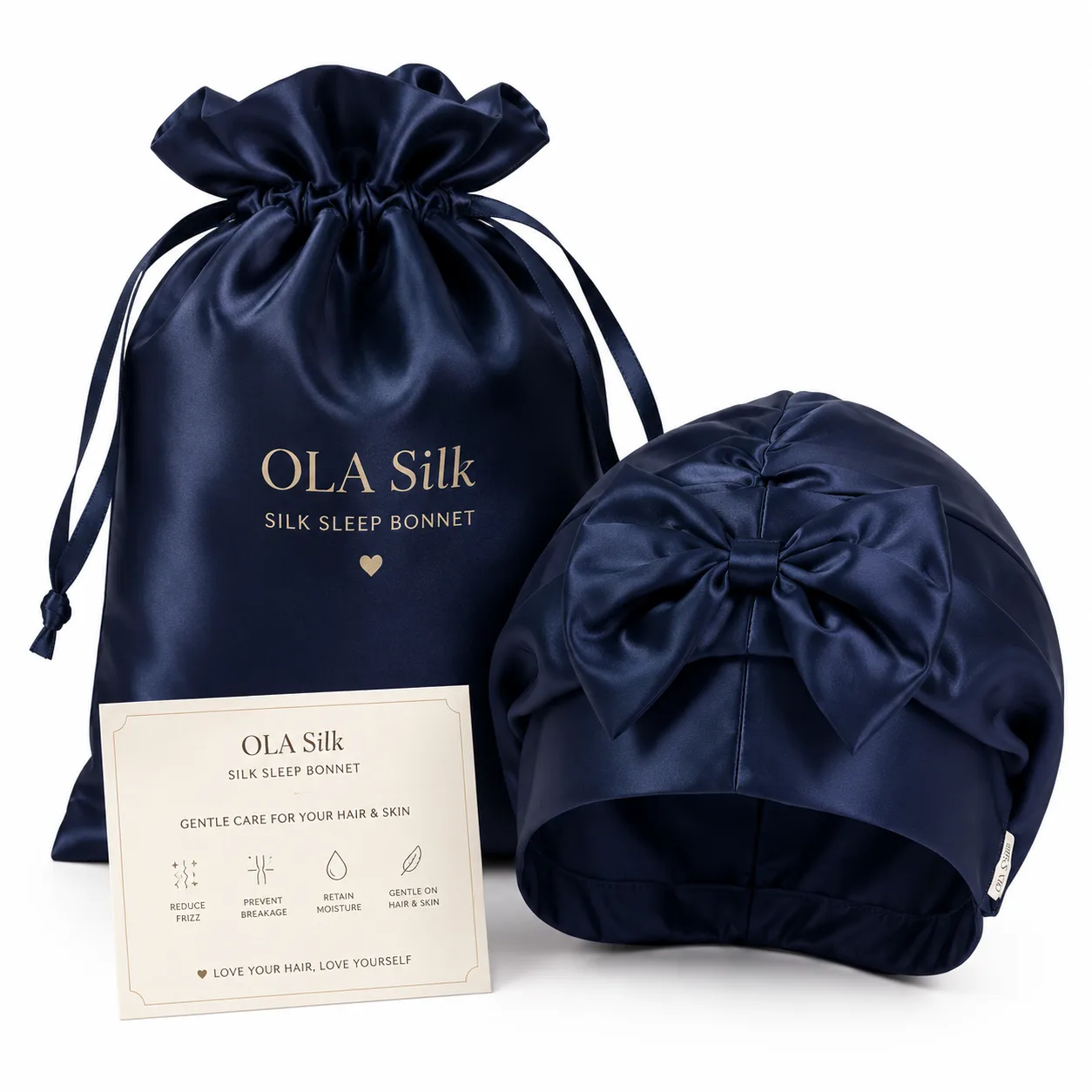 Option d’emballage avec pochette en soie et carte d’insertion pour bonnets de nuit en soie personnalisés en private label