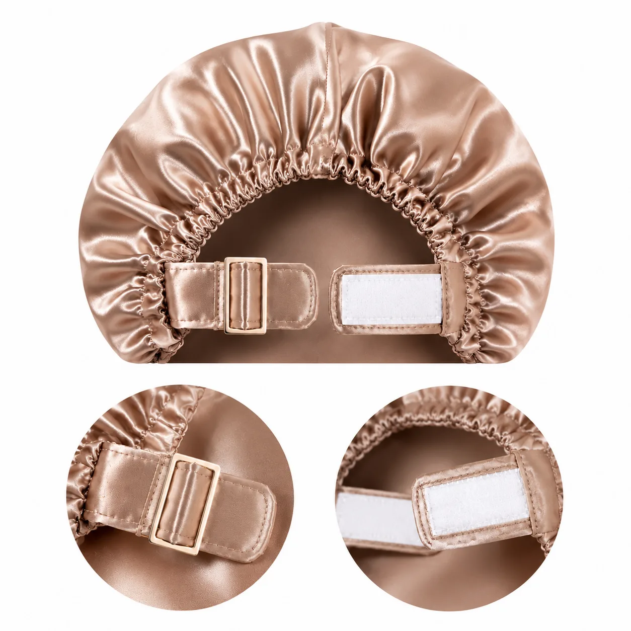 Structure de fermeture par boucle réglable et Velcro sur un bonnet de nuit en soie personnalisé pour un maintien sûr