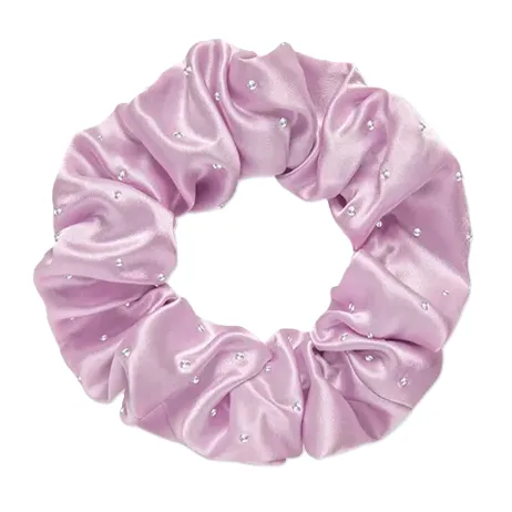 Detail view of oversized silk scrunchie with gathered tube construction, covered elastic band, and soft rounded seam finish for private label hair