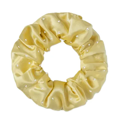 Detail view of oversized rhinestone silk scrunchie with gathered ring construction and covered elastic band for comfortable private label hair