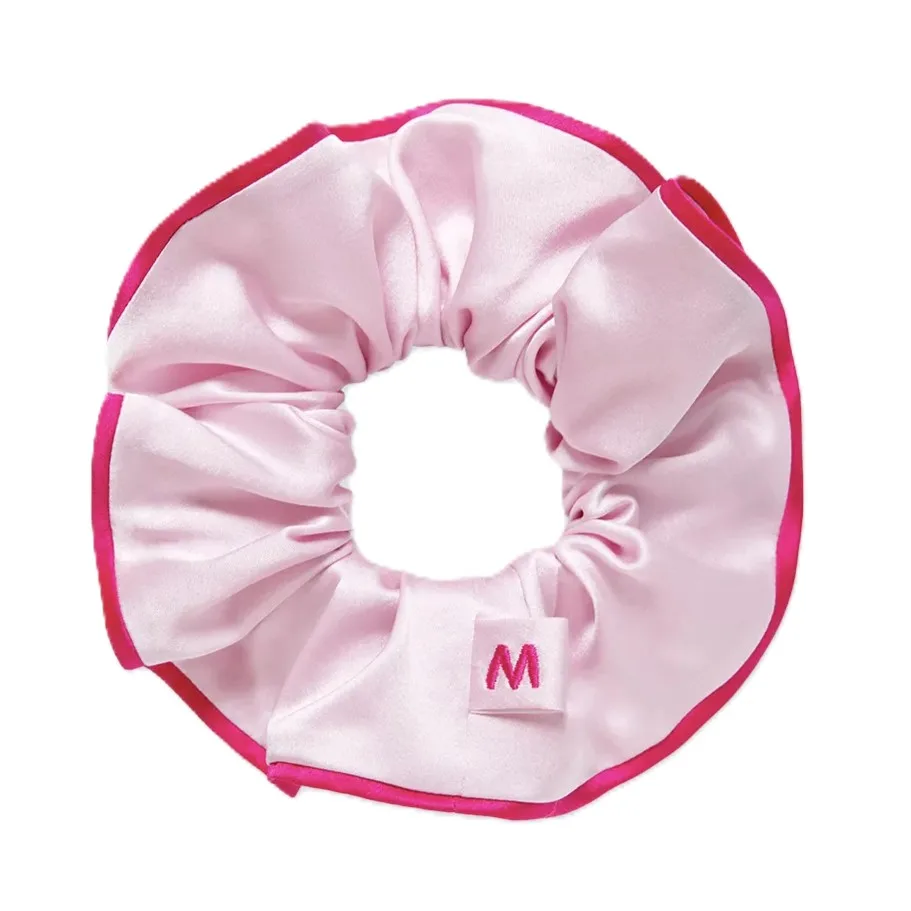 Oversized 22 momme mulberry silk scrunchie in macaron colorways with tonal contrast border and embroidered logo tab for private label brands