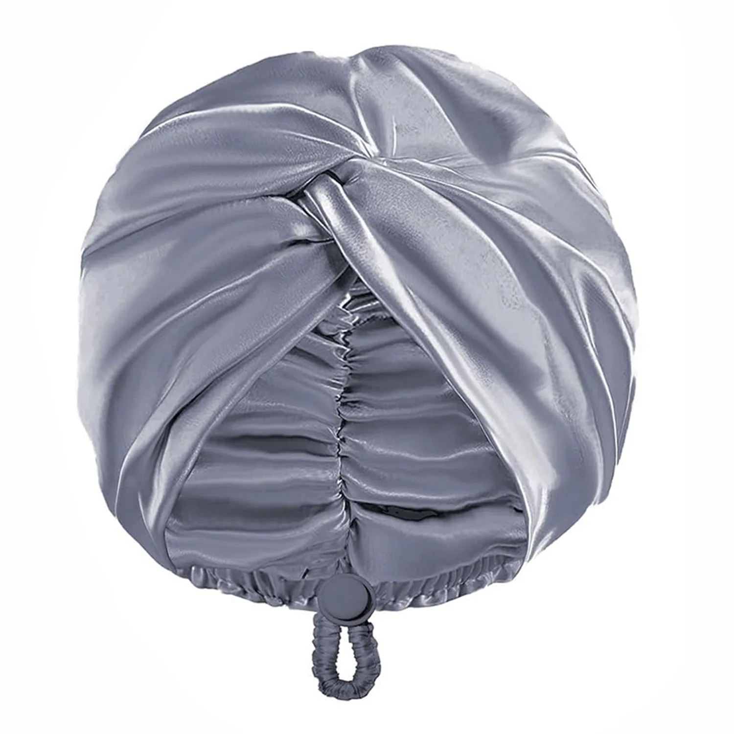 Double-layer turban silk sleep cap with adjustable drawstring toggle, shown in silver grey for private label hair care brands