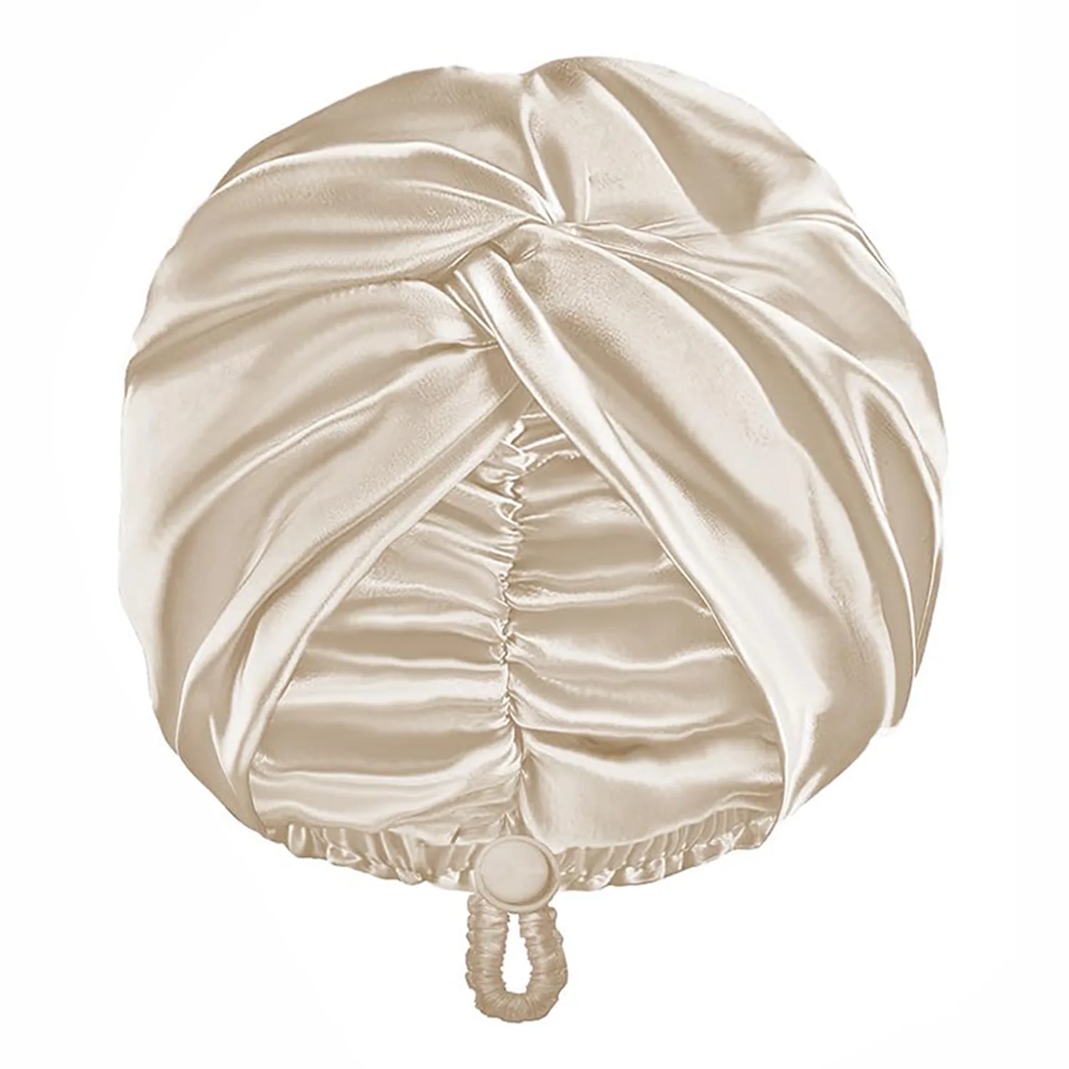Champagne neutral color variant of a turban drawstring silk sleep cap for private label palette planning, brand color matching, and low-pressure