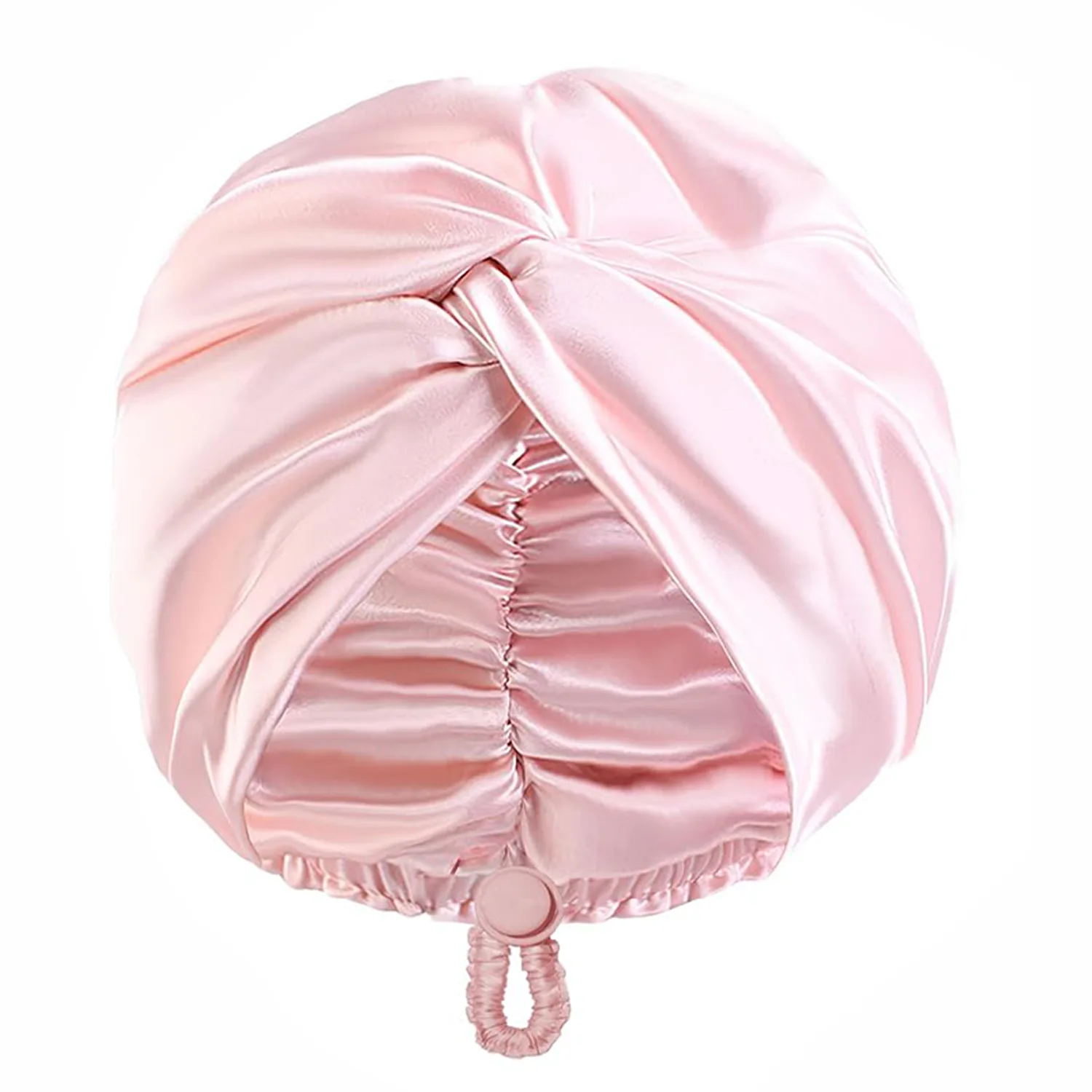 Soft pink color variant of a turban drawstring silk sleep cap for private label brands planning seasonal palettes, brand color matching, and