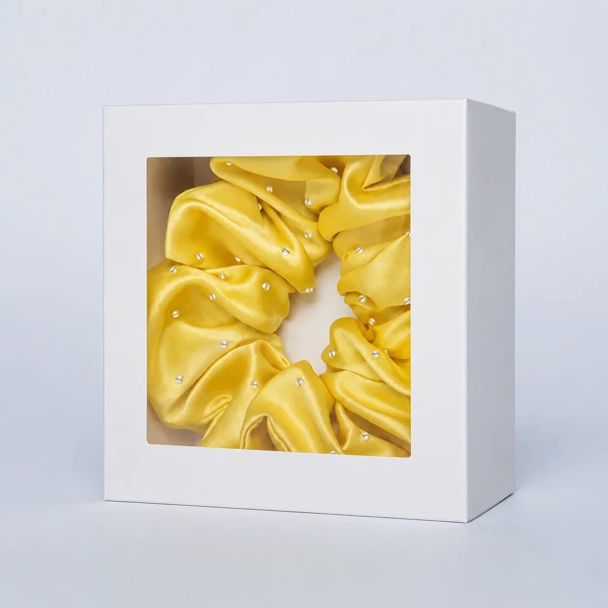 White window gift box packaging for rhinestone silk scrunchie, retail-ready presentation for private label hair accessory and gift set brands