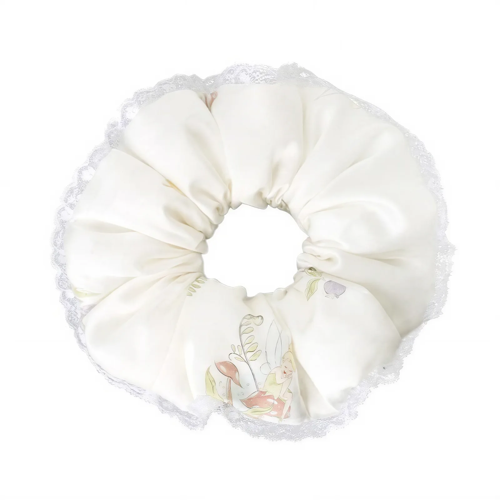 Fairy print lace trim silk scrunchie with voluminous silhouette for private label hair accessory and gift brands