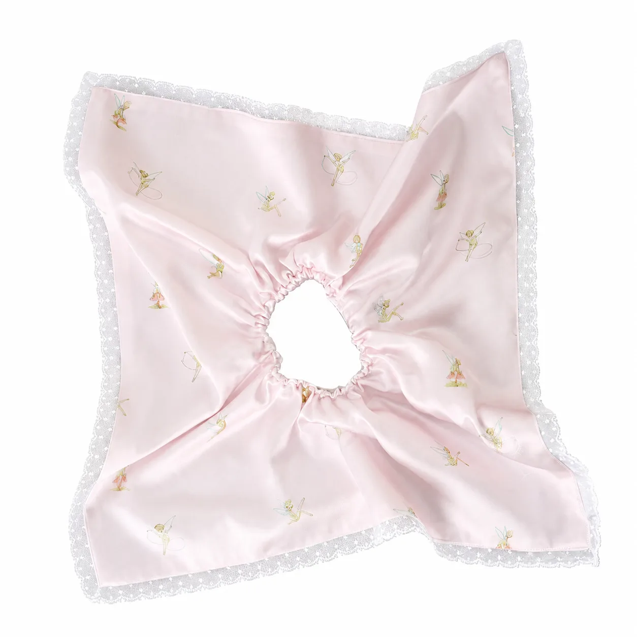 Pink fairy print square scarf silk scrunchie with lace-edge styling for beauty, hair care, and gift accessory private label collections