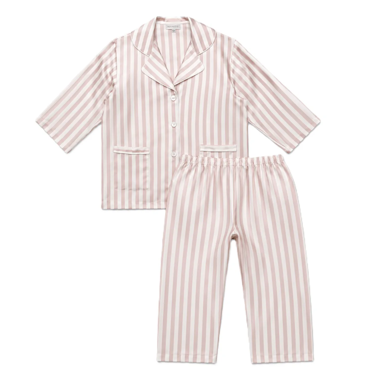 Custom stripe kids mulberry silk pajama set with notched collar, contrast piping, and mother-of-pearl buttons for private label brands