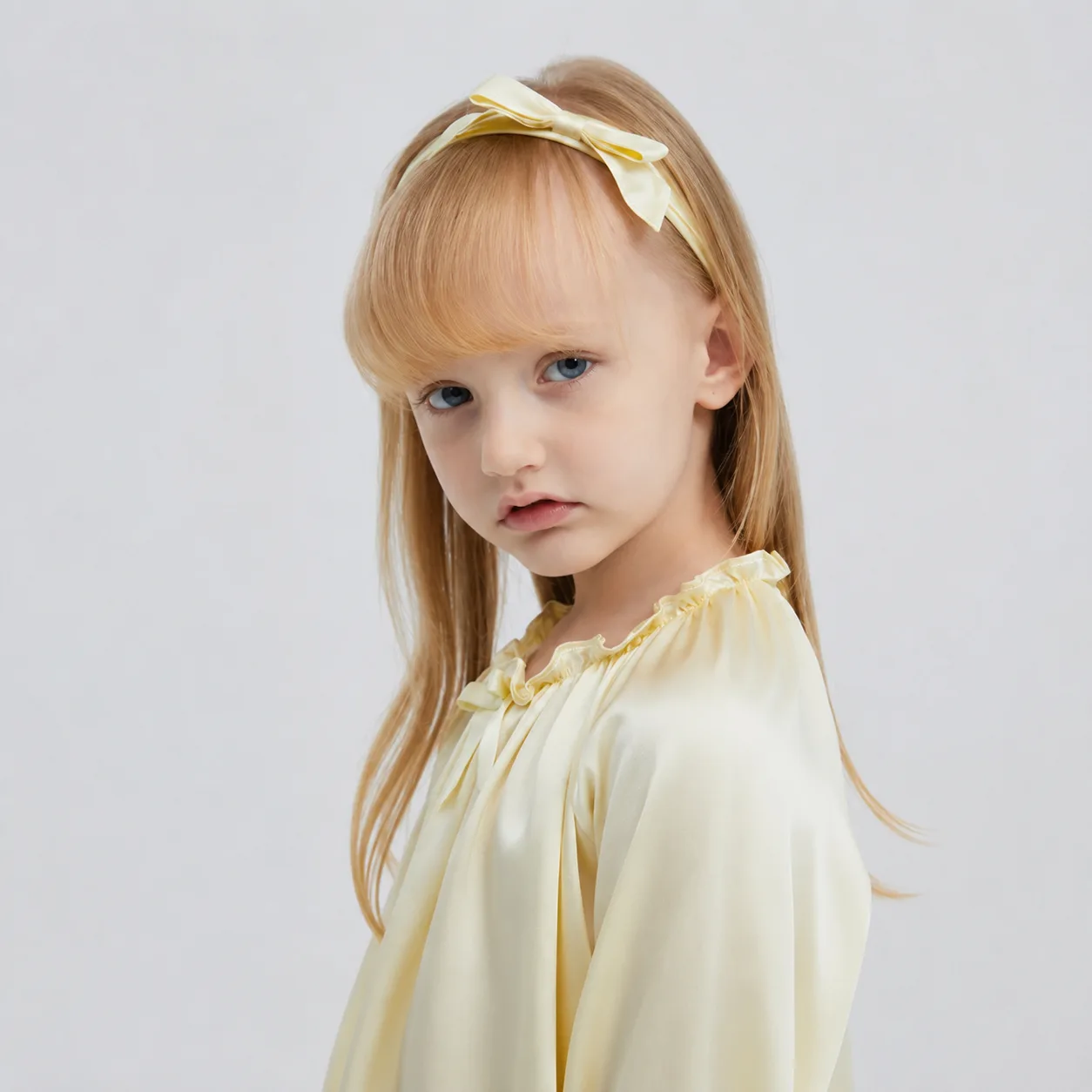 Detail view of custom kids silk headband with structured bow, slim wrapped band, and smooth folded edges for comfortable private label fit