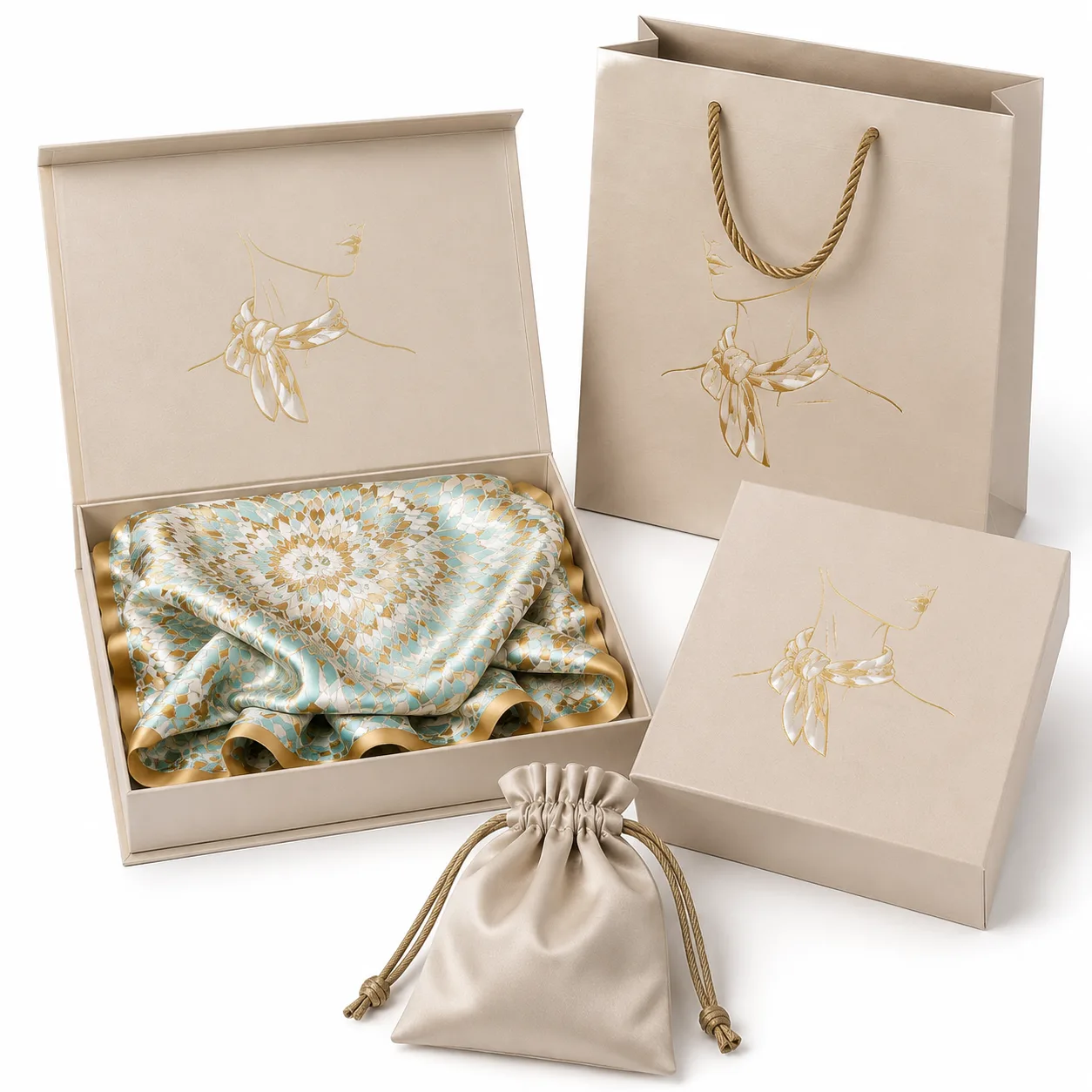 Empaque para sets de regalo de seda para marcas de belleza y retail