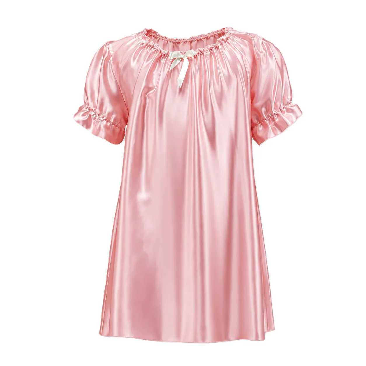 Blush pink 100% mulberry silk girls nightgown with bow gathered neckline and puff sleeves with ruffle cuffs, private label kids sleepwear