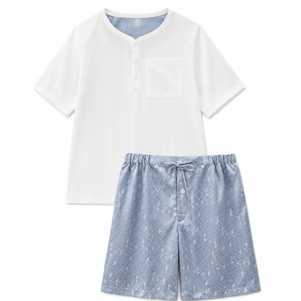 Kids two-piece private label silk pajama set with white Henley short-sleeve top and light blue diamond jacquard shorts, 22 momme mulberry silk blend