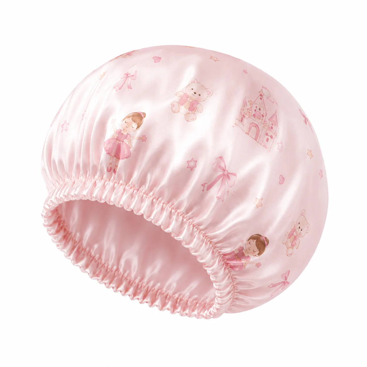 Opción de gorro de seda para niños de marca privada, ideal para kits infantiles de cuidado capilar nocturno, con ajuste suave y orientación de estampado personalizado