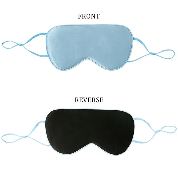 Contoured private label silk sleep mask with nose cutout, piped edge seams, structured body, and tie-style side straps for adjustable fit