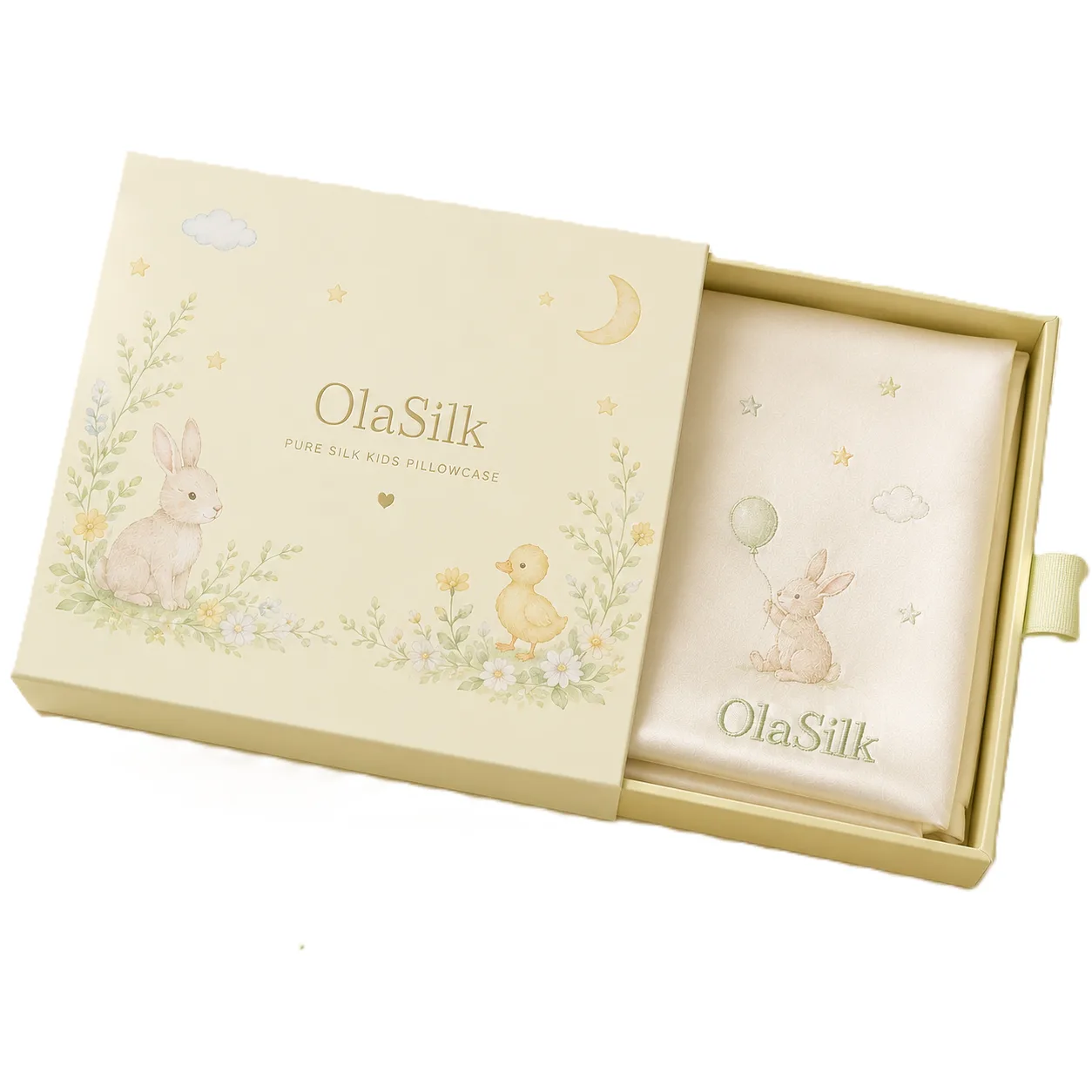 Opción de embalaje en caja tipo cajón para productos de seda infantiles personalizados, con presentación de regalo retail de marca