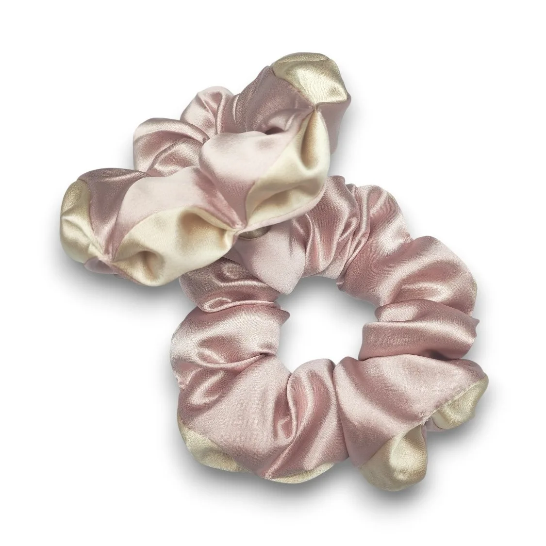 Two-tone blush pink and cream silk scrunchie color variant for private label brands planning seasonal hair accessory palettes