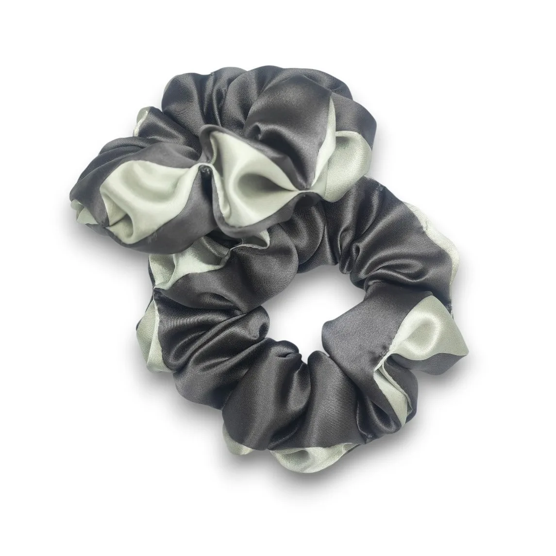 Dark charcoal and soft mint custom silk scrunchie color variant for private label brands planning seasonal palettes and low-pressure color testing