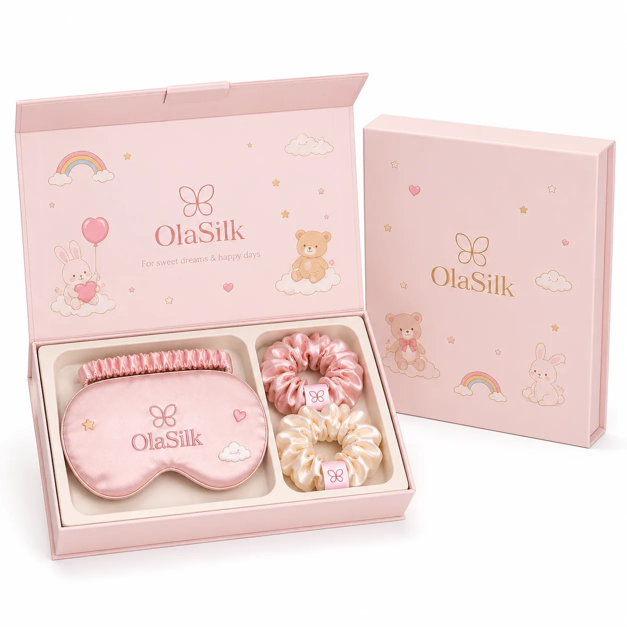 Embalaje en caja magnética de marca privada para sets de regalo infantiles de seda personalizados y presentación lista para retail