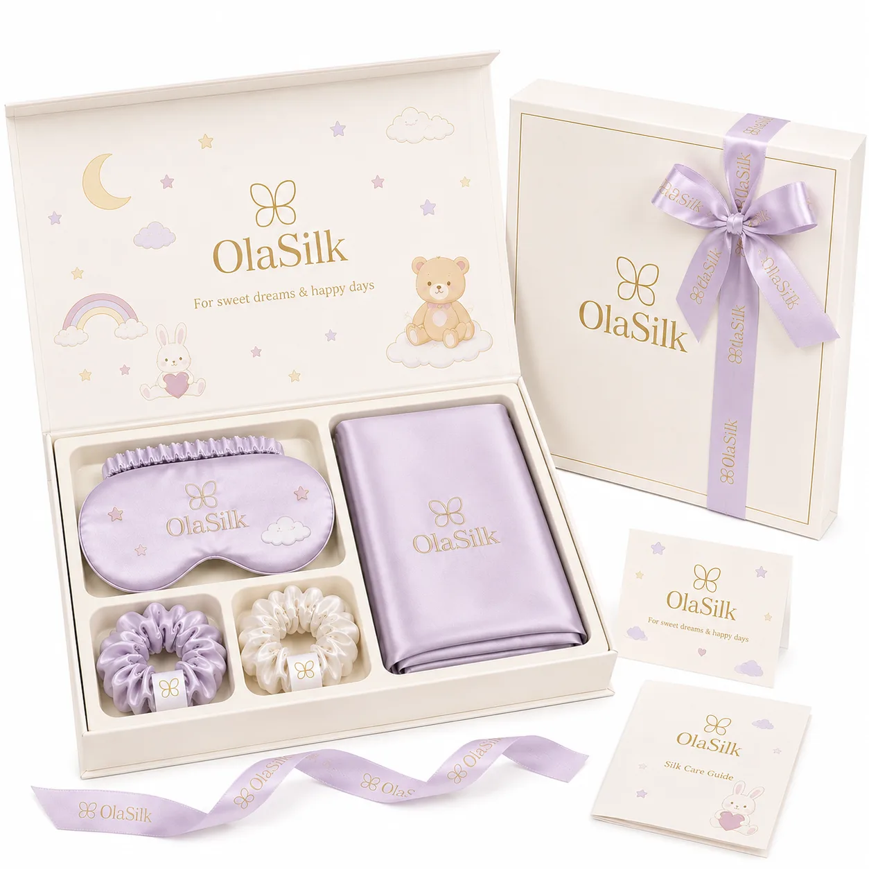 Embalaje de set de regalo de marca privada para productos de seda infantiles personalizados, con caja, cinta, tarjeta inserta y presentación lista para retail