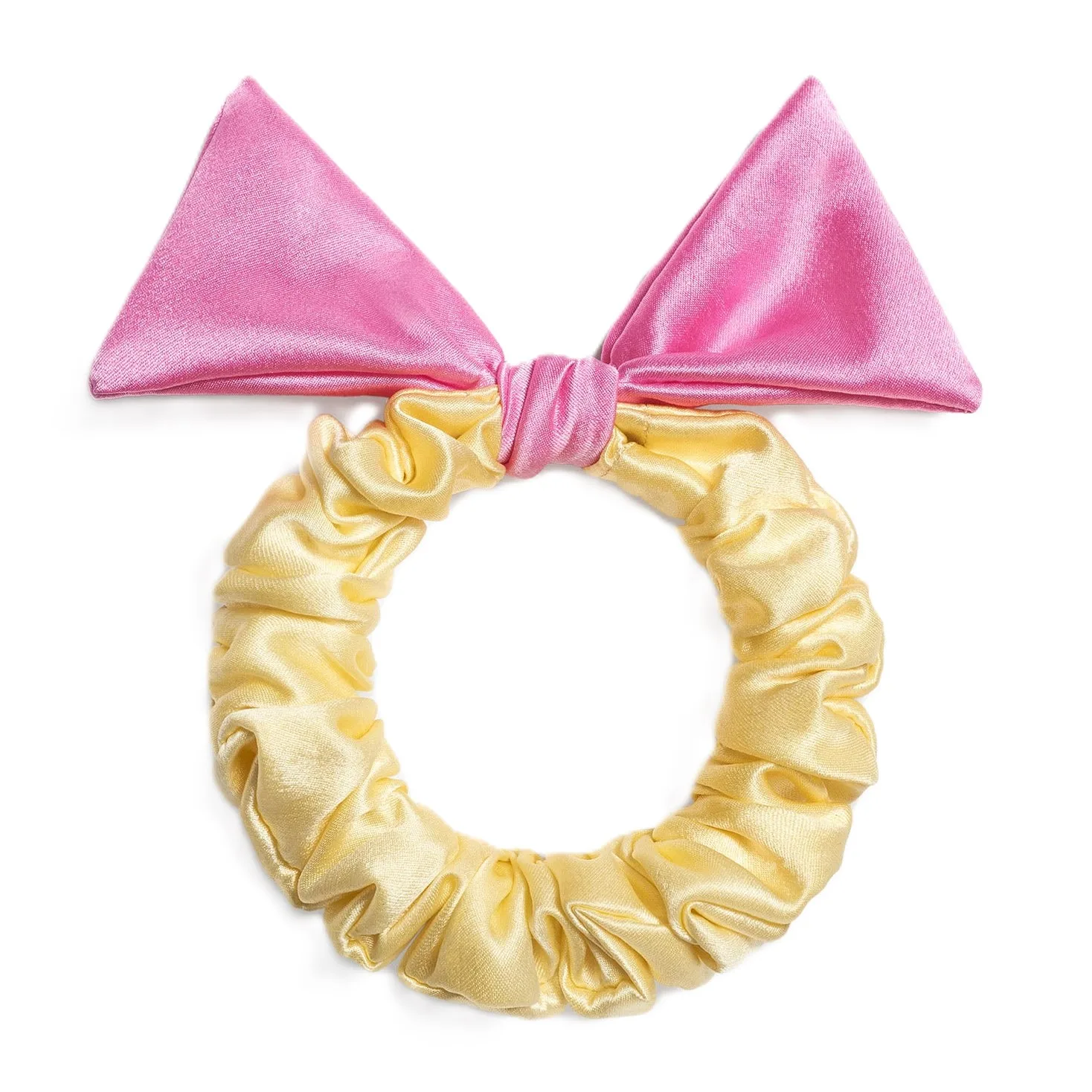 Two-tone silk bow scrunchie in soft yellow and pink for private label kids hair care brands and seasonal gift set programs
