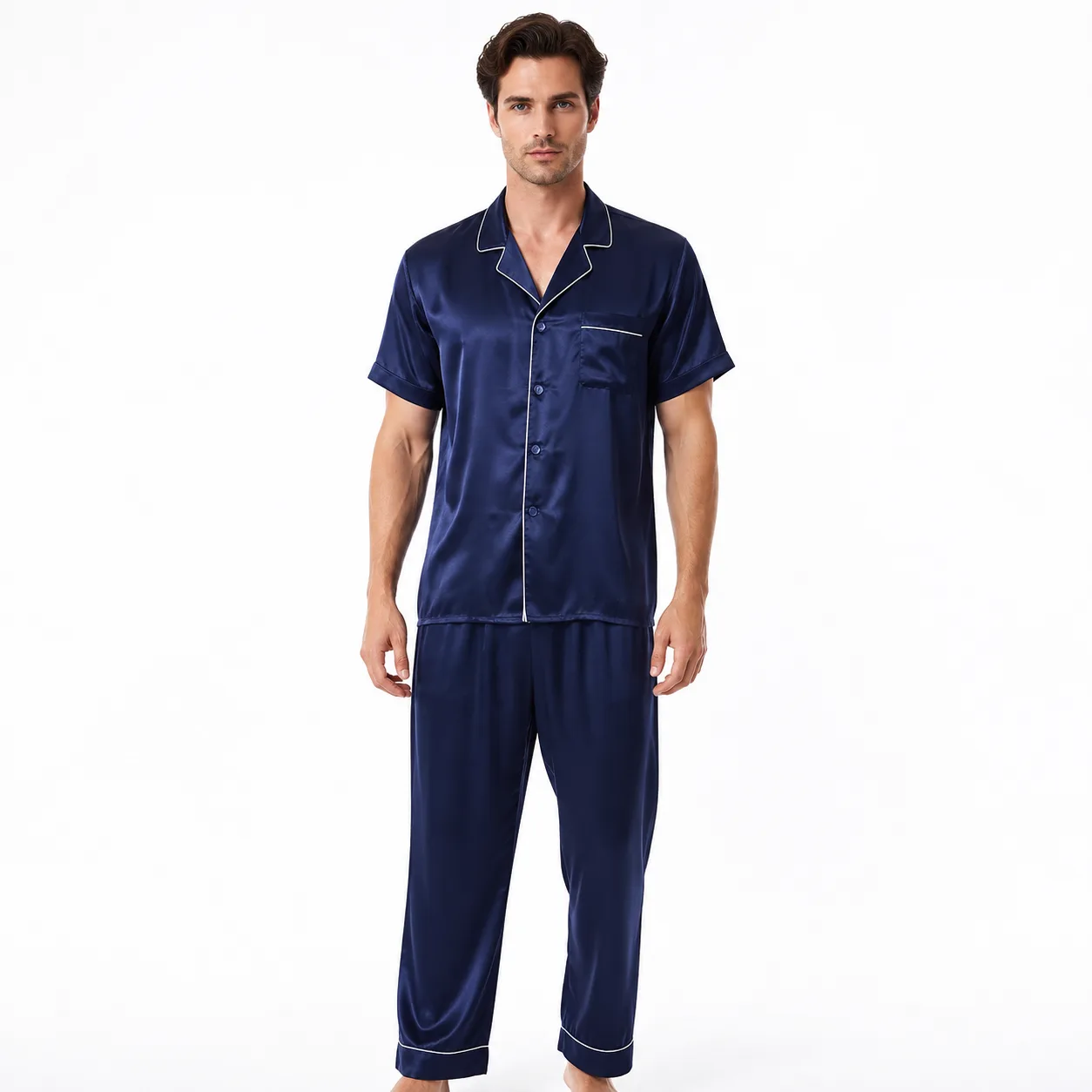 Men's 19 momme mulberry silk short-sleeve pajama set in navy blue with white contrast piping, front and back views, private label customizable