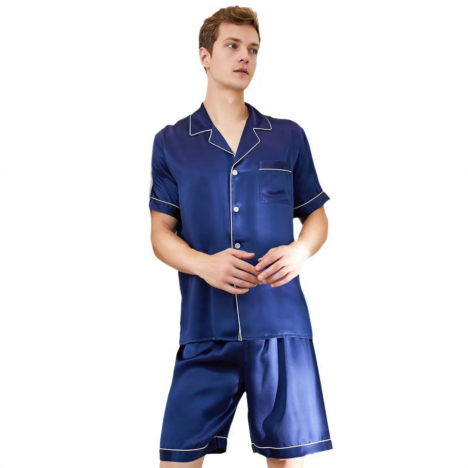 Private label men's pajama set with notched collar, short sleeves, button-front closure, contrast piping, chest pocket and relaxed shorts construction