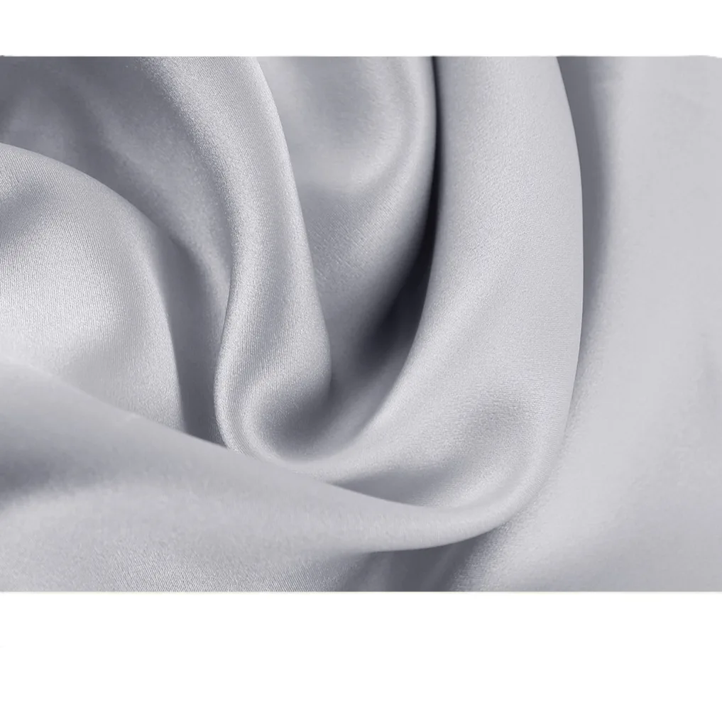 Silver grey silk fabric close-up with smooth sheen and soft drape for men's short sleeve silk pajama short set private label material review