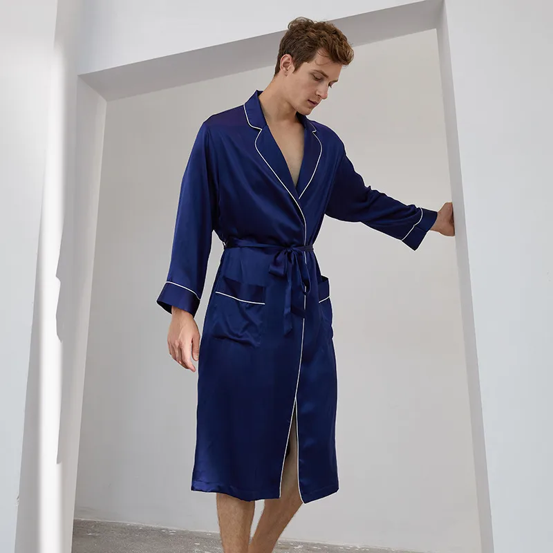 Men’s private label sleepwear robe with lapel collar, piped edges, patch pockets, and self-tie belt for adjustable fit