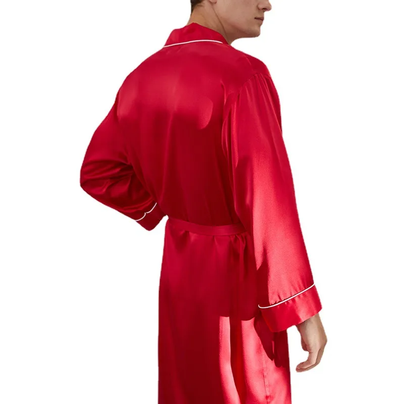 Back detail of private label silk sleepwear robe with wrap belt, relaxed sleeves, piped collar and cuff seams for adjustable comfort