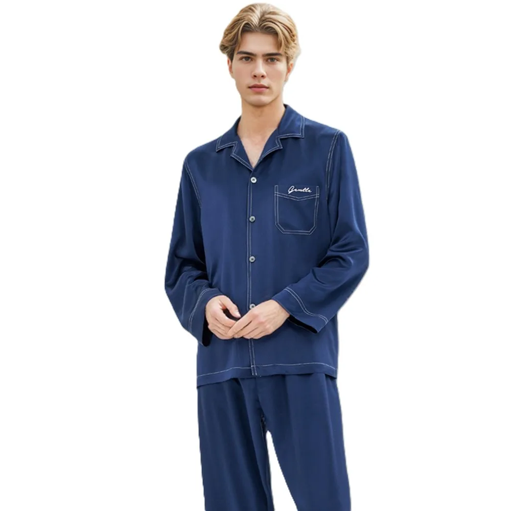 Men's long sleeve silk pajama set private label style with notched collar, button front, chest pocket, piped seam edges, and relaxed straight-leg fit