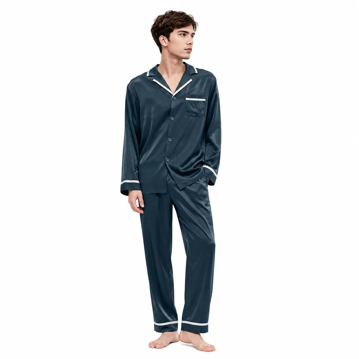 Private label men's pajama set with notched collar, button-front top, piped cuffs, chest pocket, and straight-leg pants for relaxed sleepwear fit